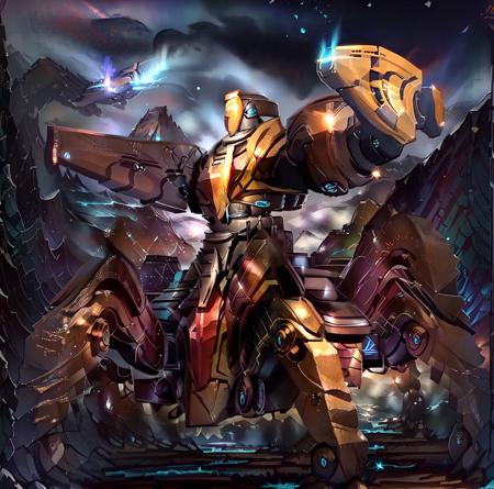 00008-924282500-Best quality, masterpiece, 8k,raw photo,solo,mecha,left side view, glowing（snowing, mountains and rivers background）,.png